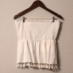 Davi & Dani White Smocked Tassel Tube Top- White-Medium NWT